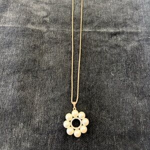 Faux Pearl Flower Pendant Necklace | Rhinestone Halo | Gold-Tone Chain